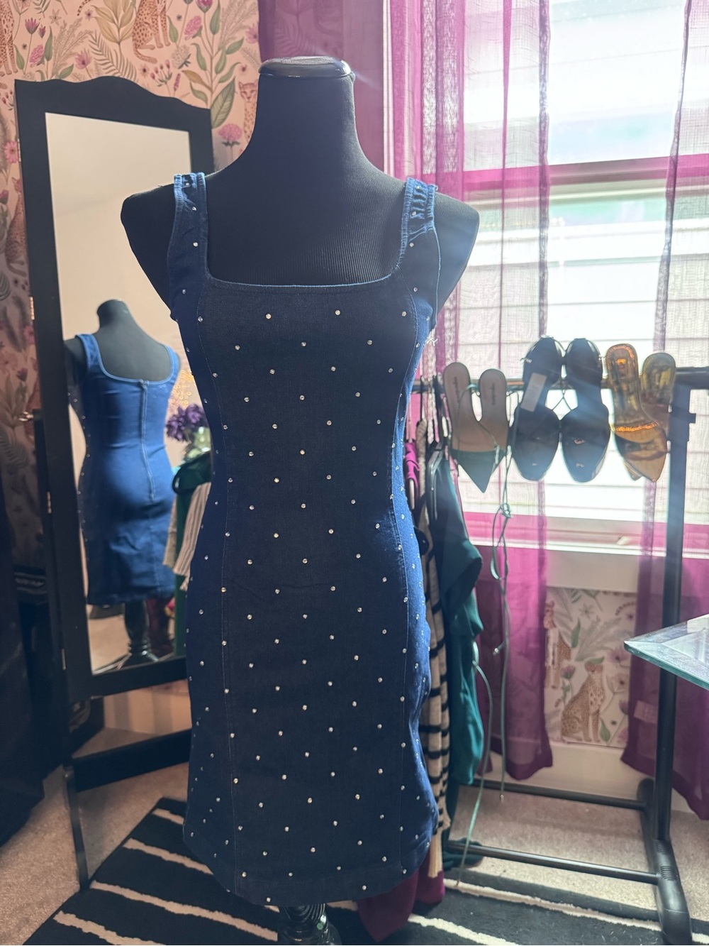 Blue Denim Embellished Square-Neck Bodycon Dress